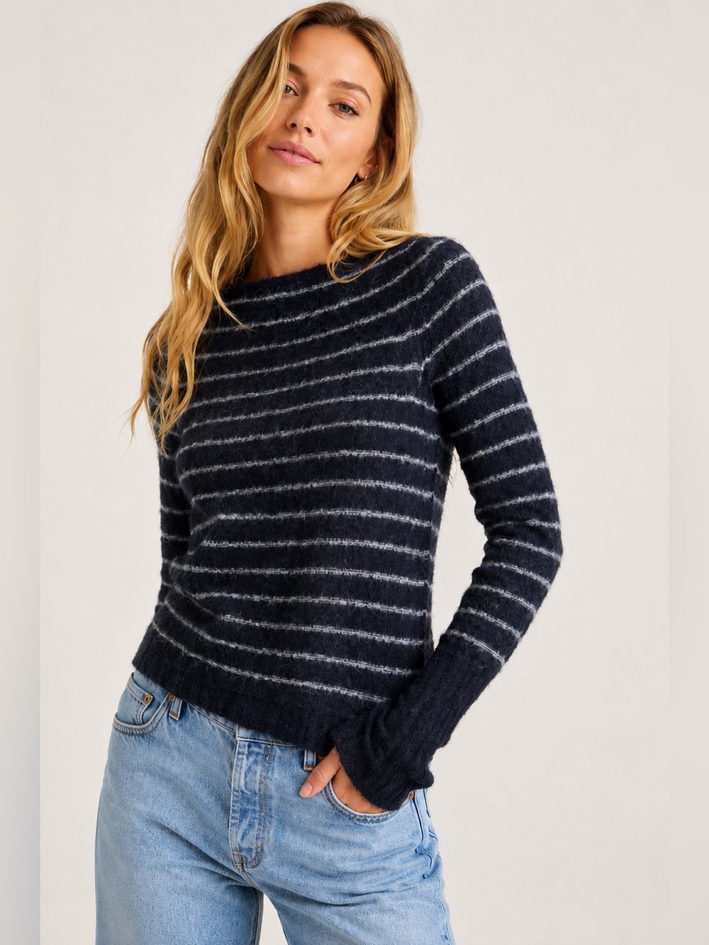 Free People Misty Ballerina Alpaca Blend Sweater XS Navy Striped Bell Sleeve